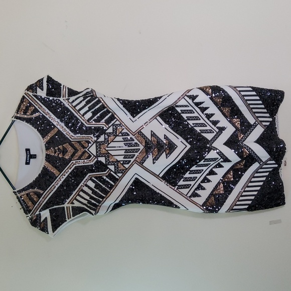 Express Geometric Sequin Boddycon Dress White/Black/Gold Size SP - Picture 1 of 8